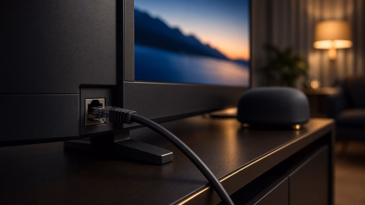 LAN-Kabel am Router und Fernseher für stabiles IPTV ohne Buffering