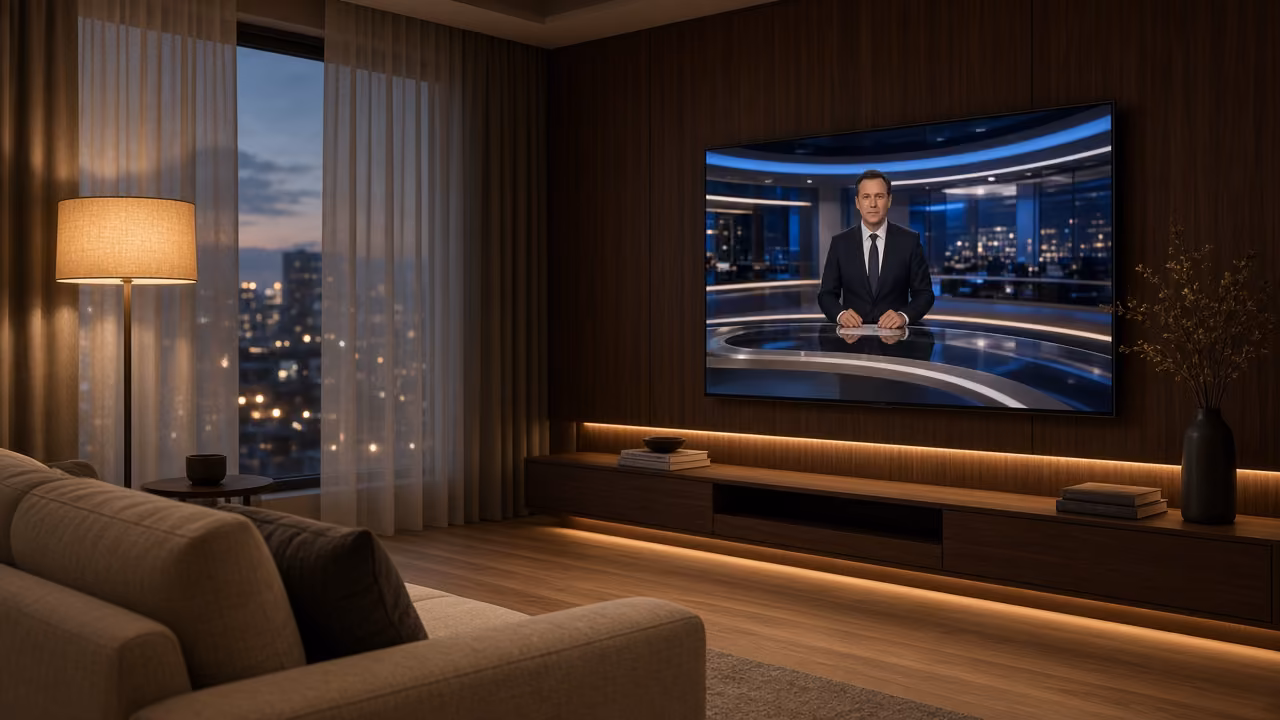 IPTV Ratgeber Deutschland — Streaming im Wohnzimmer Person schaut am Abend IPTV auf einem großen Fernseher