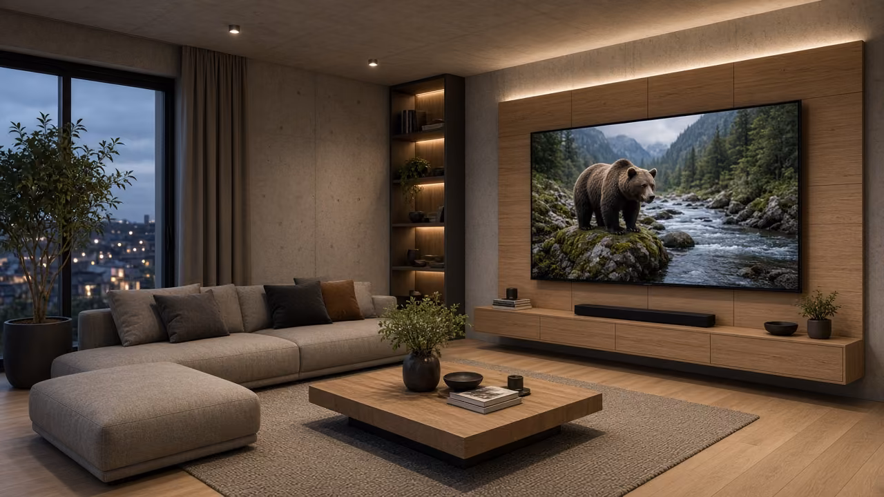 Deutscher Wohnzimmer-Smart-TV mit IPTV-Player auf dem Startbildschirm